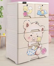 Babyhug 4 Layers High Density Plastic Storage Cabinet Teddy Print With Wheels - White