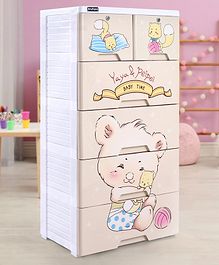 Babyhug 5 Layers High Density Plastic Storage Cabinet Teddy Print With Wheels - White