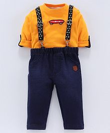 whaou Skate Board Patch Full Sleeves Tee With Suspenders & Bottom - Yellow whaou Skate Board Patch Full Sleeves Tee With Suspenders & Bottom - Yellow