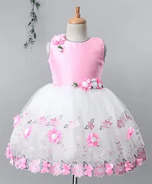 Bluebell Party Wear Sleeveless Frock Floral Appliques - Pink White Bluebell Party Wear Sleeveless Frock Floral Appliques - Pink White