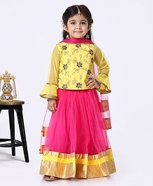 The KidShop Ruffled Full Sleeves Golden Flower Embroidered Choli With Lehenga & Dupatta - Yellow & Pink The KidShop Ruffled Full Sleeves Golden Flower Embroidered Choli With Lehenga & Dupatta - Yellow & Pink