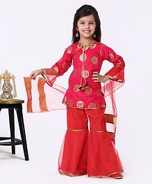 The KidShop Ruffled Full Sleeves Self Design Kurta With Sharara & Dupatta - Red The KidShop Ruffled Full Sleeves Self Design Kurta With Sharara & Dupatta - Red