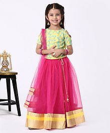The KidShop Half Sleeves Flower Embroidered Cold Shoulder Choli With Lehenga & Dupatta - Pink & Yellow The KidShop Half Sleeves Flower Embroidered Cold Shoulder Choli With Lehenga & Dupatta - Pink & Yellow