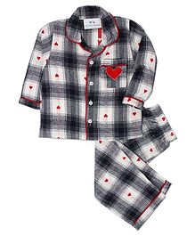 Knitting Doodles Heart Embroidered Full Sleeves Checkered Night Suit - Blue & White Knitting Doodles Heart Embroidered Full Sleeves Checkered Night Suit - Blue & White