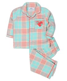 Knitting Doodles Heart Embroidery Full Sleeves Checkered Night Suit - Sea Green Knitting Doodles Heart Embroidery Full Sleeves Checkered Night Suit - Sea Green