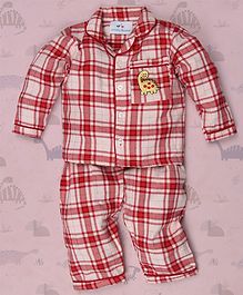Knitting Doodles Dinosaur Embroidered Full Sleeves Checkered Night Suit - Red Knitting Doodles Dinosaur Embroidered Full Sleeves Checkered Night Suit - Red