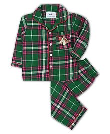 Knitting Doodles Unicorn Embroidered Full Sleeves Checkered Night Suit - Green & Pink Knitting Doodles Unicorn Embroidered Full Sleeves Checkered Night Suit - Green & Pink