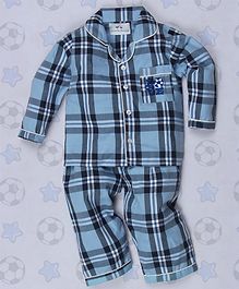 Knitting Doodles Football Embroidered Full Sleeves Checkered Night Suit - Sky Blue Knitting Doodles Football Embroidered Full Sleeves Checkered Night Suit - Sky Blue