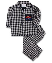 Knitting Doodles Monster Car Embroidered Full Sleeves Checkered Night Suit - Black Knitting Doodles Monster Car Embroidered Full Sleeves Checkered Night Suit - Black