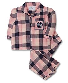 Knitting Doodles Pocket Embroidery Detailed Full Sleeves Checkered Night Suit - Light Pink & Blue Knitting Doodles Pocket Embroidery Detailed Full Sleeves Checkered Night Suit - Light Pink & Blue