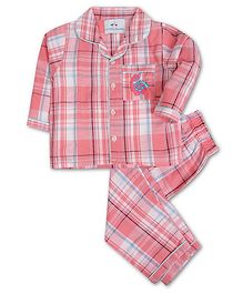 Knitting Doodles Dinosaur Embroidered Full Sleeves Checkered Night Suit - Pink Knitting Doodles Dinosaur Embroidered Full Sleeves Checkered Night Suit - Pink