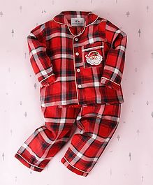 Knitting Doodles Santa Claus Embroidered Full Sleeves Checkered Night Suit - Red Knitting Doodles Santa Claus Embroidered Full Sleeves Checkered Night Suit - Red