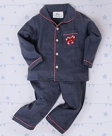 Knitting Doodles Christmas Candy Embroidered Full Sleeves Checkered Night Suit - Blue Knitting Doodles Christmas Candy Embroidered Full Sleeves Checkered Night Suit - Blue