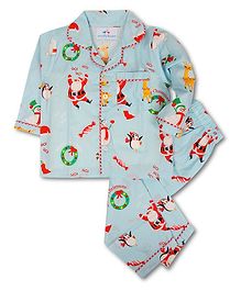 Knitting Doodles Christmas Theme Full Sleeves Night Suit - Sky Blue Knitting Doodles Christmas Theme Full Sleeves Night Suit - Sky Blue