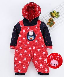 U R CUTE Full Sleeves Hooded Tee With all Over Bunny Print Dungaree - Red U R CUTE Full Sleeves Hooded Tee With all Over Bunny Print Dungaree - Red