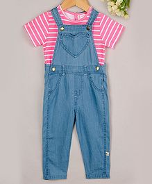 Budding Bees Striped Half Sleeves Tee With Dungaree - Pink & Blue Budding Bees Striped Half Sleeves Tee With Dungaree - Pink & Blue