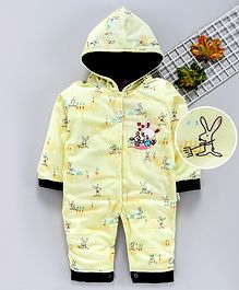 U R Cute Full Sleeves All Over Bunny Print Hooded Romper - Yellow U R Cute Full Sleeves All Over Bunny Print Hooded Romper - Yellow