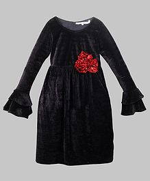 My Pink Closet Ruffled Full Sleeves Flower Applique Velvet Dress - Black My Pink Closet Ruffled Full Sleeves Flower Applique Velvet Dress - Black