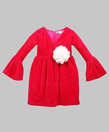 My Pink Closet Ruffled Full Sleeves Big Flower Applique Velvet Dress - Red My Pink Closet Ruffled Full Sleeves Big Flower Applique Velvet Dress - Red