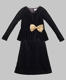 My Pink Closet Full Sleeves Sequin Bow Detailed Peplum Velvet Top & Skirt Set - Black My Pink Closet Full Sleeves Sequin Bow Detailed Peplum Velvet Top & Skirt Set - Black