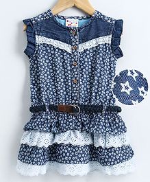 Eimoie Sleeveless Star Print Schiffli Lace Detailed Dress With Belt - Blue Eimoie Sleeveless Star Print Schiffli Lace Detailed Dress With Belt - Blue