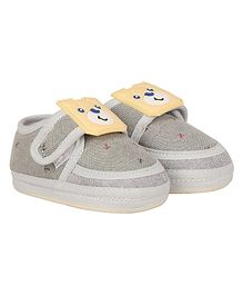 Buckled Up Puppy Applique Booties - Grey Buckled Up Puppy Applique Booties - Grey