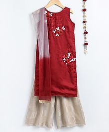 Dhyana Fashions Flower Embroidered Sleeveless Kurta With Palazzo & Dupatta - Maroon Dhyana Fashions Flower Embroidered Sleeveless Kurta With Palazzo & Dupatta - Maroon