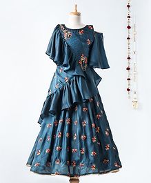 Dhyana Fashions Flower Embroidered Flared Sleeveless Ruffled Gown - Navy Blue Dhyana Fashions Flower Embroidered Flared Sleeveless Ruffled Gown - Navy Blue