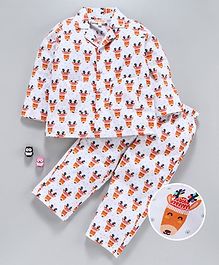 Hugsntugs Reindeer Print Full Sleeves Night Suit - White Hugsntugs Reindeer Print Full Sleeves Night Suit - White