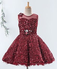 Bluebell Party Wear Sleeveless Sequin Frock Floral Applique - Red Bluebell Party Wear Sleeveless Sequin Frock Floral Applique - Red