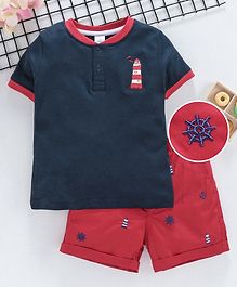 ToffyHouse Half Sleeves Tee With Shorts Anchor Embroidery - Navy Red ToffyHouse Half Sleeves Tee With Shorts Anchor Embroidery - Navy Red