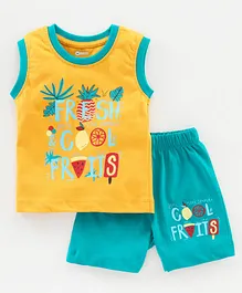 Ohms Sleeveless Tee with Shorts Text Print - Yellow Blue Ohms Sleeveless Tee with Shorts Text Print - Yellow Blue
