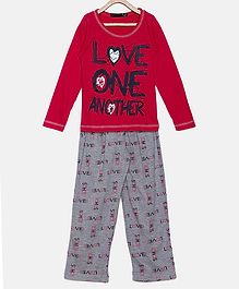 Nins Moda Love Print Full Sleeves Night Suit - Dark Pink Nins Moda Love Print Full Sleeves Night Suit - Dark Pink