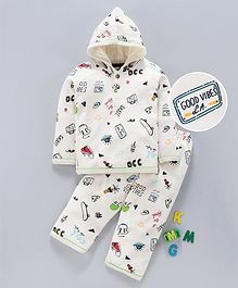 Ollypop Full Sleeves Hooded Tee & Lounge Pants Set Multi Print - Off White Ollypop Full Sleeves Hooded Tee & Lounge Pants Set Multi Print - Off White