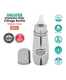 Buddsbuddy Deluxe Stainless Steel Regular Neck Baby Feeding Bottle with Extra Sipper Spout - 220ml