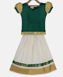BownBee Short Sleeves Border Hem Pavda Pattu Lehenga - Green BownBee Short Sleeves Border Hem Pavda Pattu Lehenga - Green