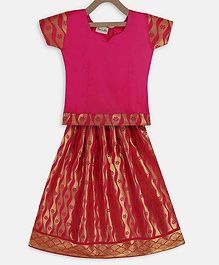 BownBee Short Sleeves Flower Design Pavda Pattu Lehenga - Pink BownBee Short Sleeves Flower Design Pavda Pattu Lehenga - Pink