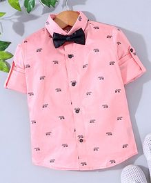 Robo Fry Full Sleeves Bear Printed Shirt With Bow - Pink Robo Fry Full Sleeves Bear Printed Shirt With Bow - Pink