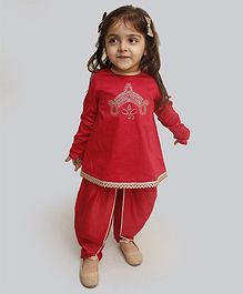 Tiber Taber Full Sleeves Devi Embroidery Detailing Kurta With Dhoti - Red Tiber Taber Full Sleeves Devi Embroidery Detailing Kurta With Dhoti - Red