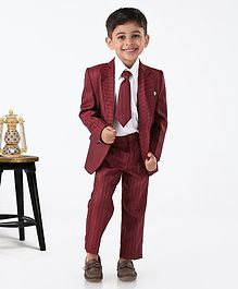 Rikidoos Full Sleeves Striped Three Piece Party Suit With Tie - Maroon Rikidoos Full Sleeves Striped Three Piece Party Suit With Tie - Maroon