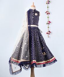 Lil Peacock Gold Plated Leaves Printed Sleeveless Choli With Lehenga & Dupatta - Blue Lil Peacock Gold Plated Leaves Printed Sleeveless Choli With Lehenga & Dupatta - Blue