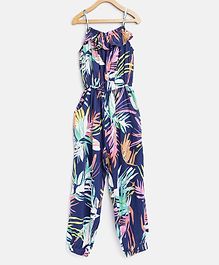 StyleStone Full Length Tropical Leaves Print Jumpsuit - Blue StyleStone Full Length Tropical Leaves Print Jumpsuit - Blue