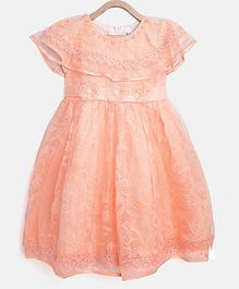 StyleStone Short Sleeves Floral Lace Work Pearl Detailed Dress - Peach StyleStone Short Sleeves Floral Lace Work Pearl Detailed Dress - Peach