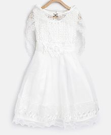 StyleStone Sleeveless Pearl Detailed Floral Lace Work Dress With Cape - White StyleStone Sleeveless Pearl Detailed Floral Lace Work Dress With Cape - White