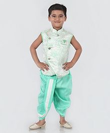 Dapper Dudes Floral Self Design Sleeveless Kurta With Dhoti - Green Dapper Dudes Floral Self Design Sleeveless Kurta With Dhoti - Green