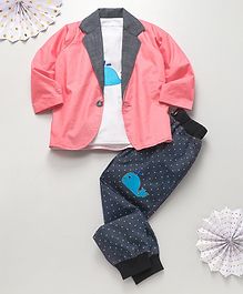 Knotty Kids Whale Patch T-Shirt With Full Sleeves Jacket & Pants - Pink Knotty Kids Whale Patch T-Shirt With Full Sleeves Jacket & Pants - Pink