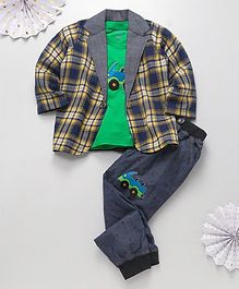 Knotty Kids Car Patch T-Shirt With Checked Full Sleeves Jacket & Pants - Green Knotty Kids Car Patch T-Shirt With Checked Full Sleeves Jacket & Pants - Green