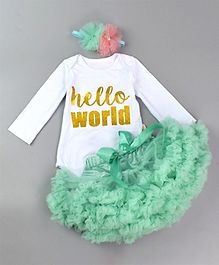 Pre Order - Awabox Text Print Full Sleeves Onesie With Skirt & Headband - Sea Green Pre Order - Awabox Text Print Full Sleeves Onesie With Skirt & Headband - Sea Green