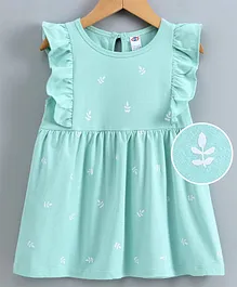 Zero Flutter Sleeves Frock Leaves Print - Sea Green Zero Flutter Sleeves Frock Leaves Print - Sea Green