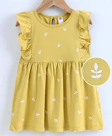 Zero Flutter Sleeves Frock Leaves Print - Yellow Zero Flutter Sleeves Frock Leaves Print - Yellow